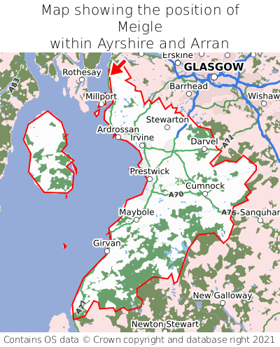 Map showing location of Meigle within Ayrshire and Arran