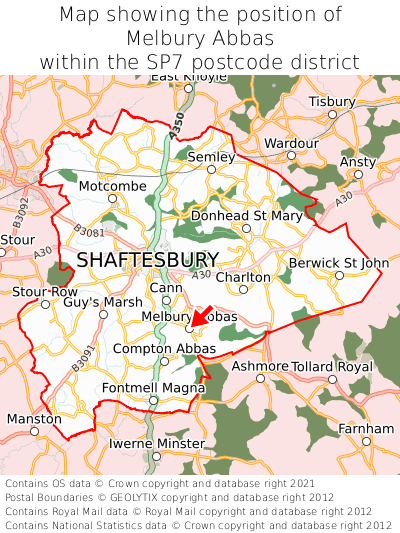 Map showing location of Melbury Abbas within SP7