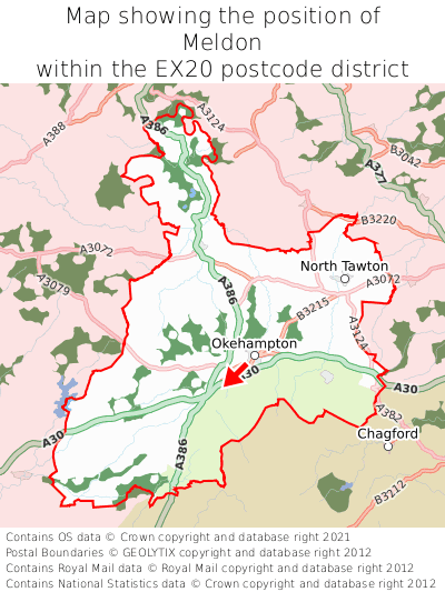 Map showing location of Meldon within EX20