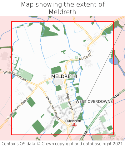 Map showing extent of Meldreth as bounding box