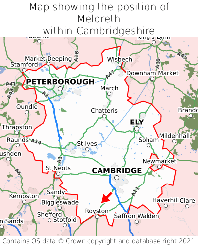 Map showing location of Meldreth within Cambridgeshire