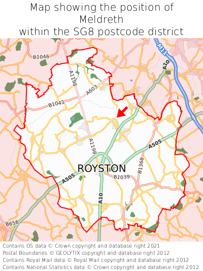 Map showing location of Meldreth within SG8