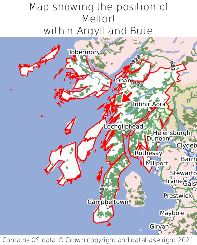Map showing location of Melfort within Argyll and Bute