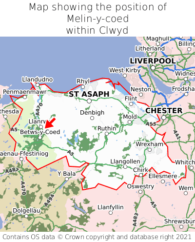Map showing location of Melin-y-coed within Clwyd