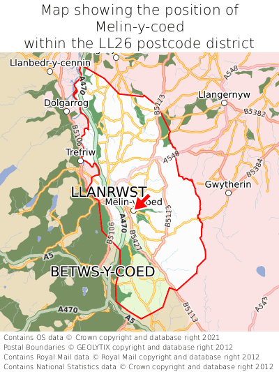 Map showing location of Melin-y-coed within LL26