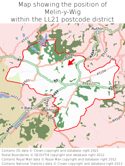 Map showing location of Melin-y-Wig within LL21