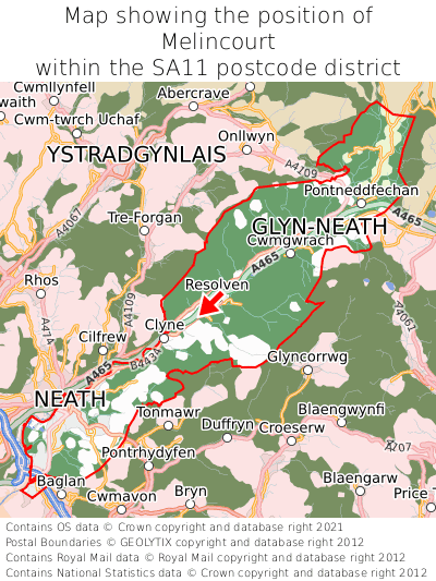 Map showing location of Melincourt within SA11