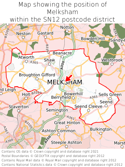 Map showing location of Melksham within SN12