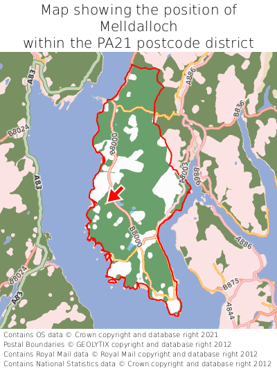 Map showing location of Melldalloch within PA21