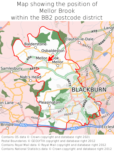Map showing location of Mellor Brook within BB2