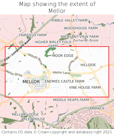 Map showing extent of Mellor as bounding box