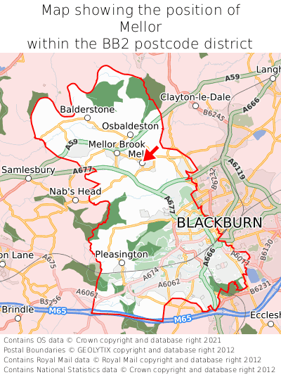 Map showing location of Mellor within BB2