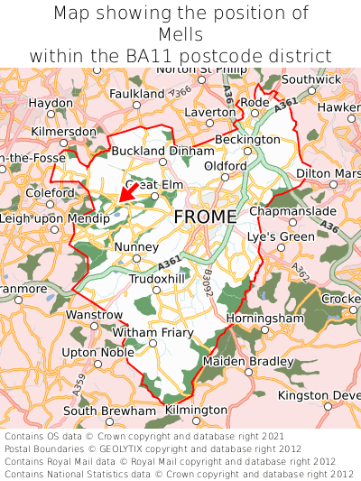 Map showing location of Mells within BA11