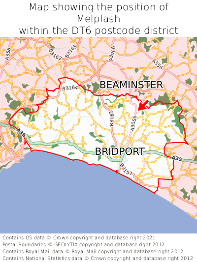 Map showing location of Melplash within DT6