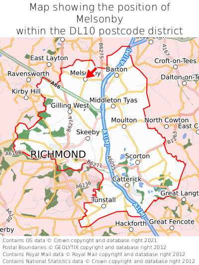 Map showing location of Melsonby within DL10