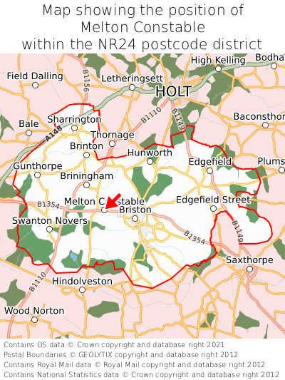 Map showing location of Melton Constable within NR24