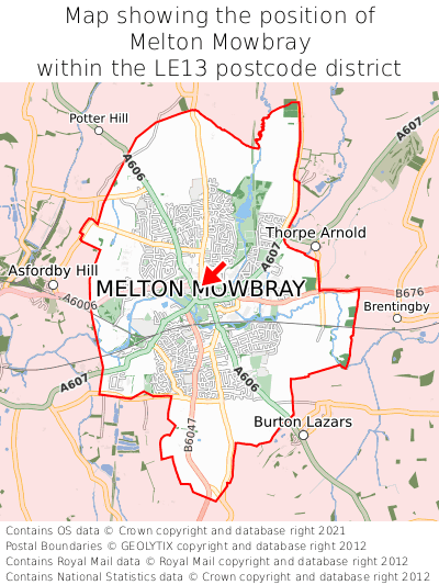 Map showing location of Melton Mowbray within LE13