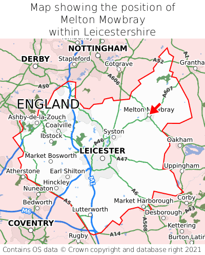 Map showing location of Melton Mowbray within Leicestershire