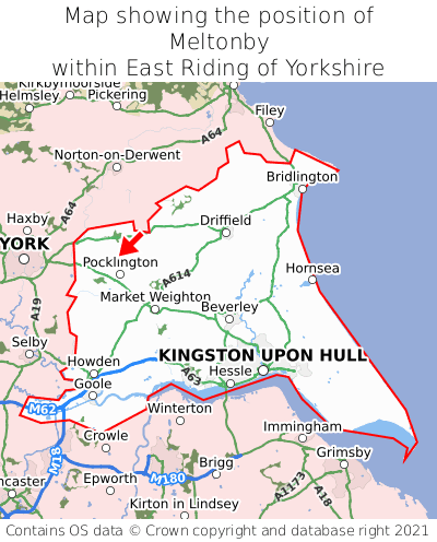 Map showing location of Meltonby within East Riding of Yorkshire