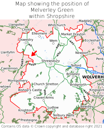 Map showing location of Melverley Green within Shropshire