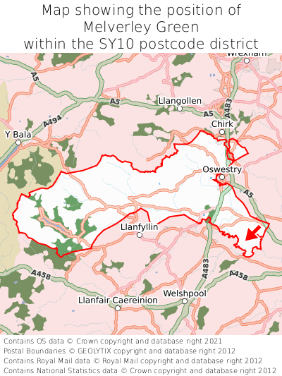 Map showing location of Melverley Green within SY10