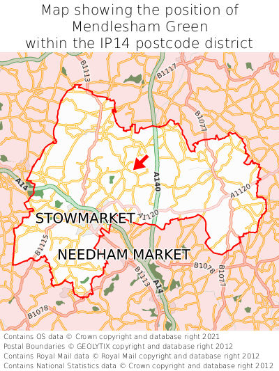Map showing location of Mendlesham Green within IP14