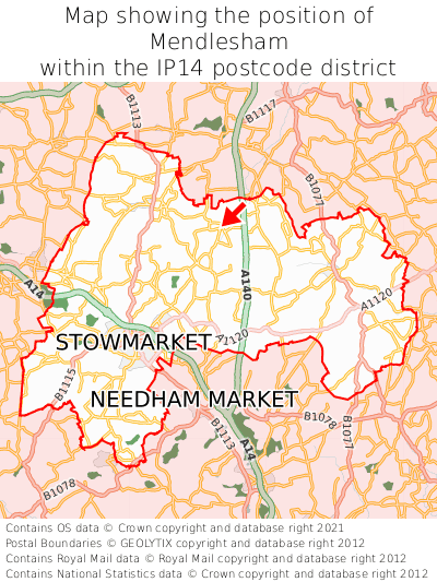 Map showing location of Mendlesham within IP14