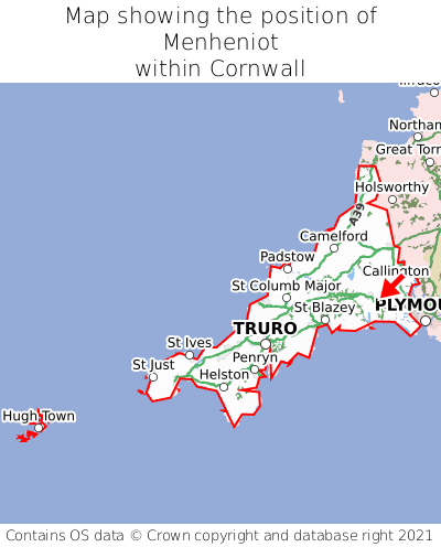 Map showing location of Menheniot within Cornwall