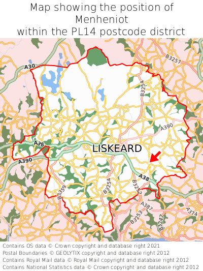 Map showing location of Menheniot within PL14