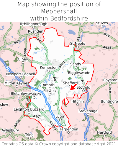 Map showing location of Meppershall within Bedfordshire