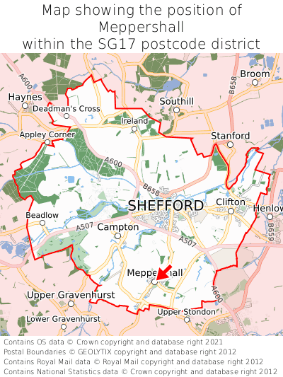 Map showing location of Meppershall within SG17