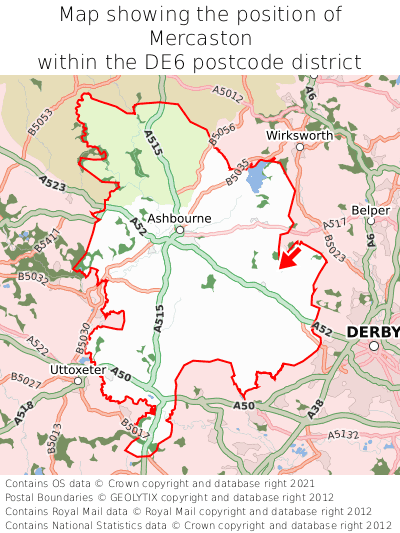 Map showing location of Mercaston within DE6