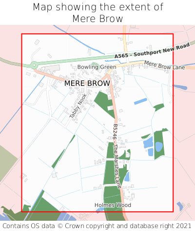 Map showing extent of Mere Brow as bounding box