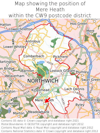 Map showing location of Mere Heath within CW9