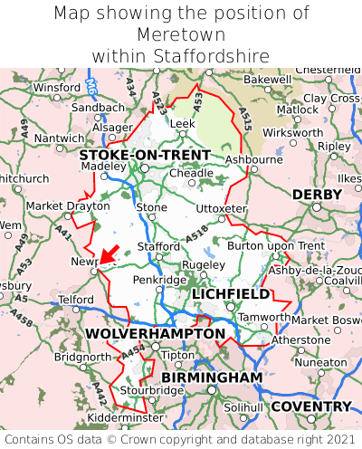 Map showing location of Meretown within Staffordshire