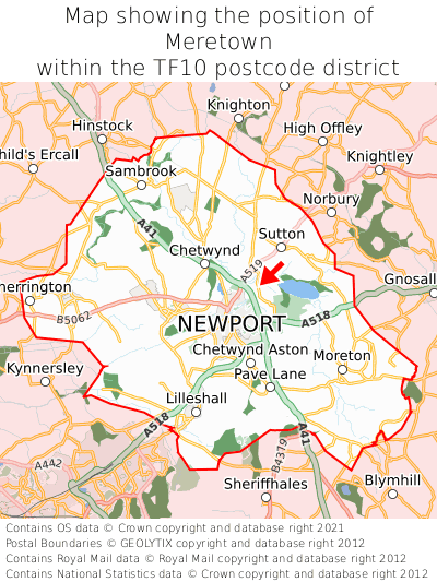 Map showing location of Meretown within TF10