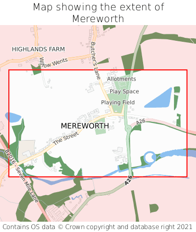 Map showing extent of Mereworth as bounding box