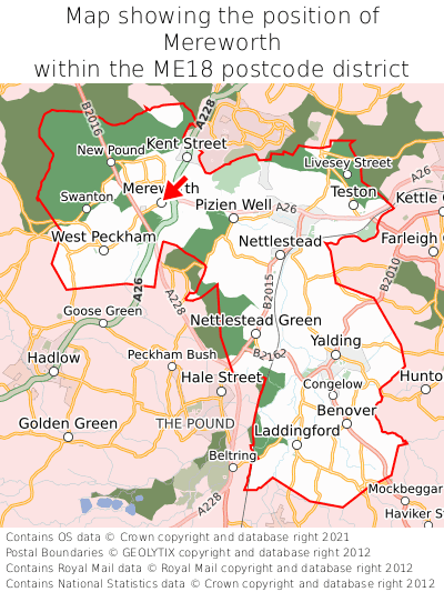 Map showing location of Mereworth within ME18