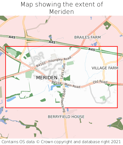 Map showing extent of Meriden as bounding box