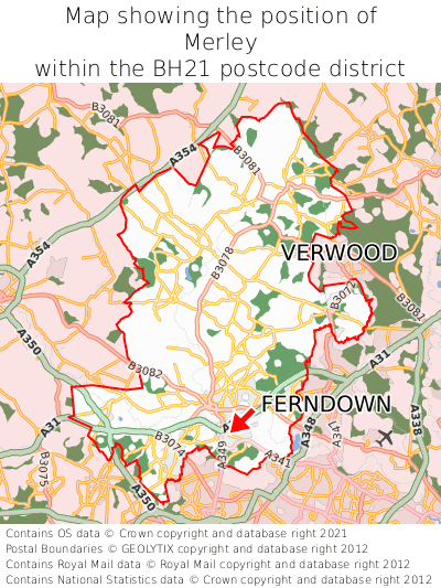 Map showing location of Merley within BH21