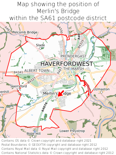 Map showing location of Merlin's Bridge within SA61