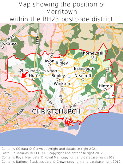 Map showing location of Merritown within BH23