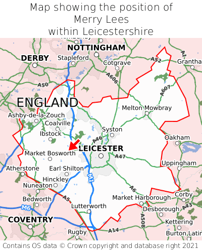Map showing location of Merry Lees within Leicestershire