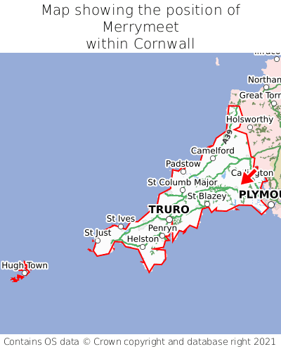 Map showing location of Merrymeet within Cornwall