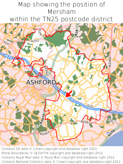 Map showing location of Mersham within TN25