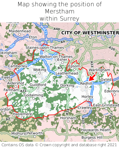 Map showing location of Merstham within Surrey