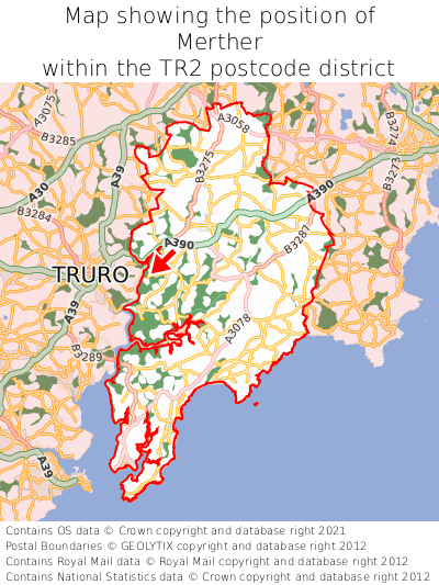 Map showing location of Merther within TR2