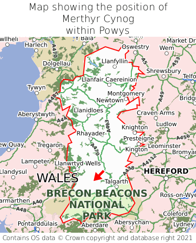 Map showing location of Merthyr Cynog within Powys