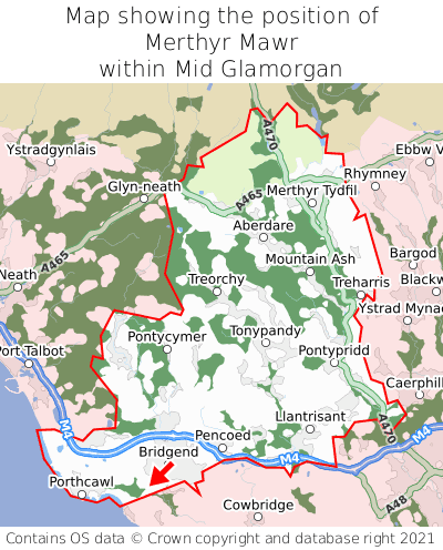 Map showing location of Merthyr Mawr within Mid Glamorgan
