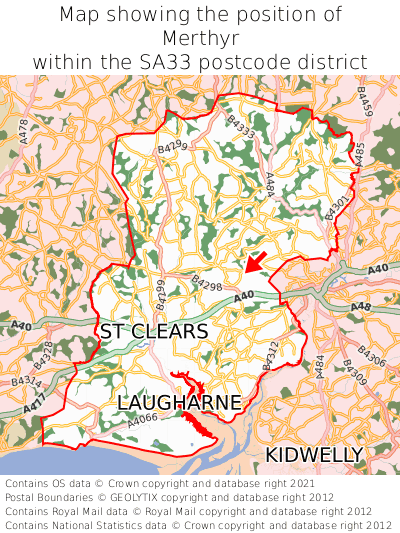 Map showing location of Merthyr within SA33